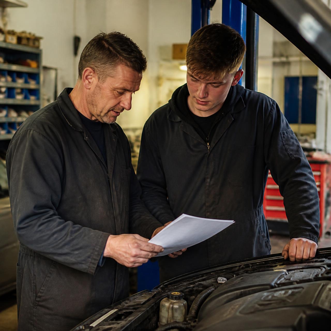 Experienced mechanic and apprentice reviewing a job sheet at Hisseys Garage