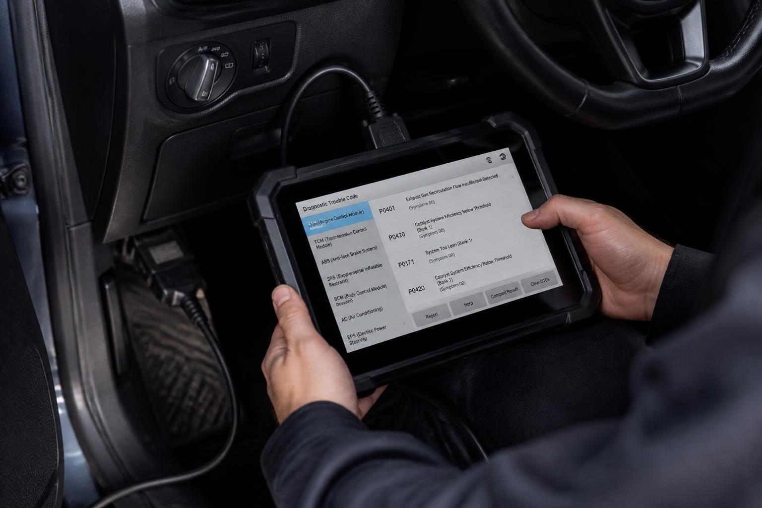 Technician reading vehicle fault codes on diagnostic equipment