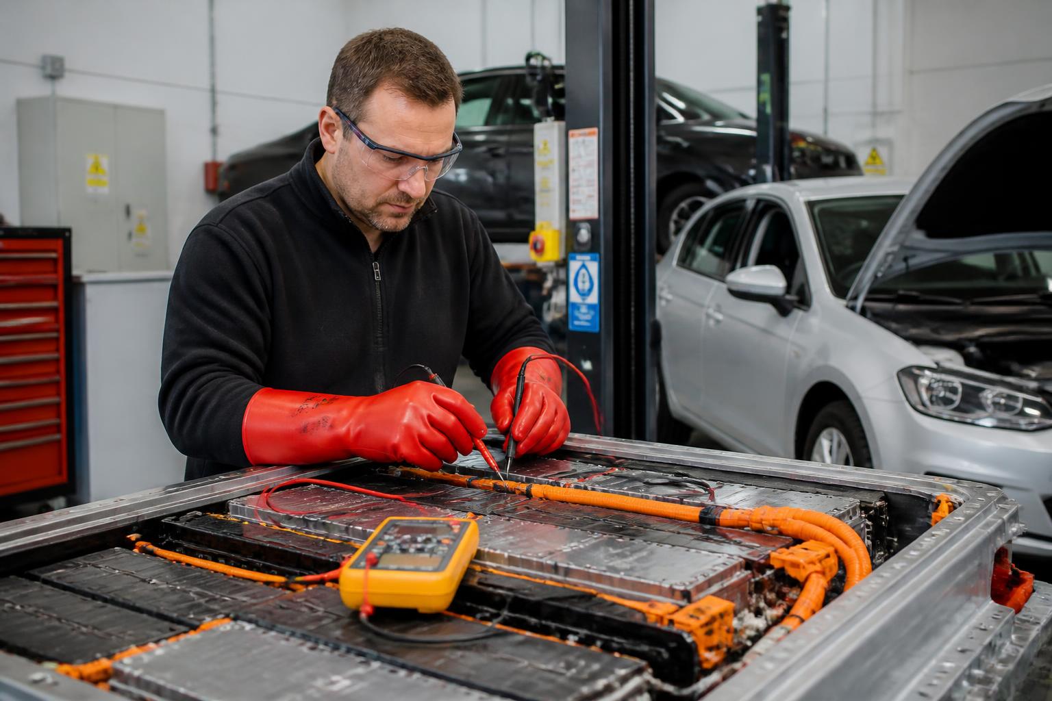 Technician servicing a hybrid vehicle high-voltage battery in a modern workshop