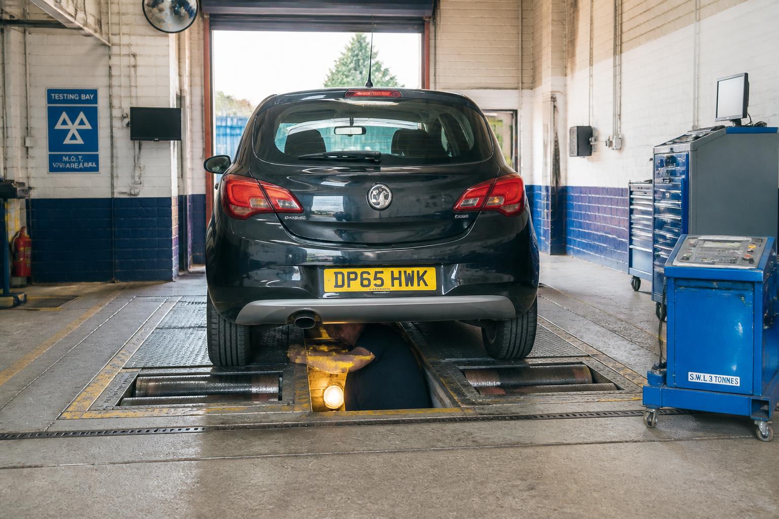 Car in the MOT testing bay at a UK garage