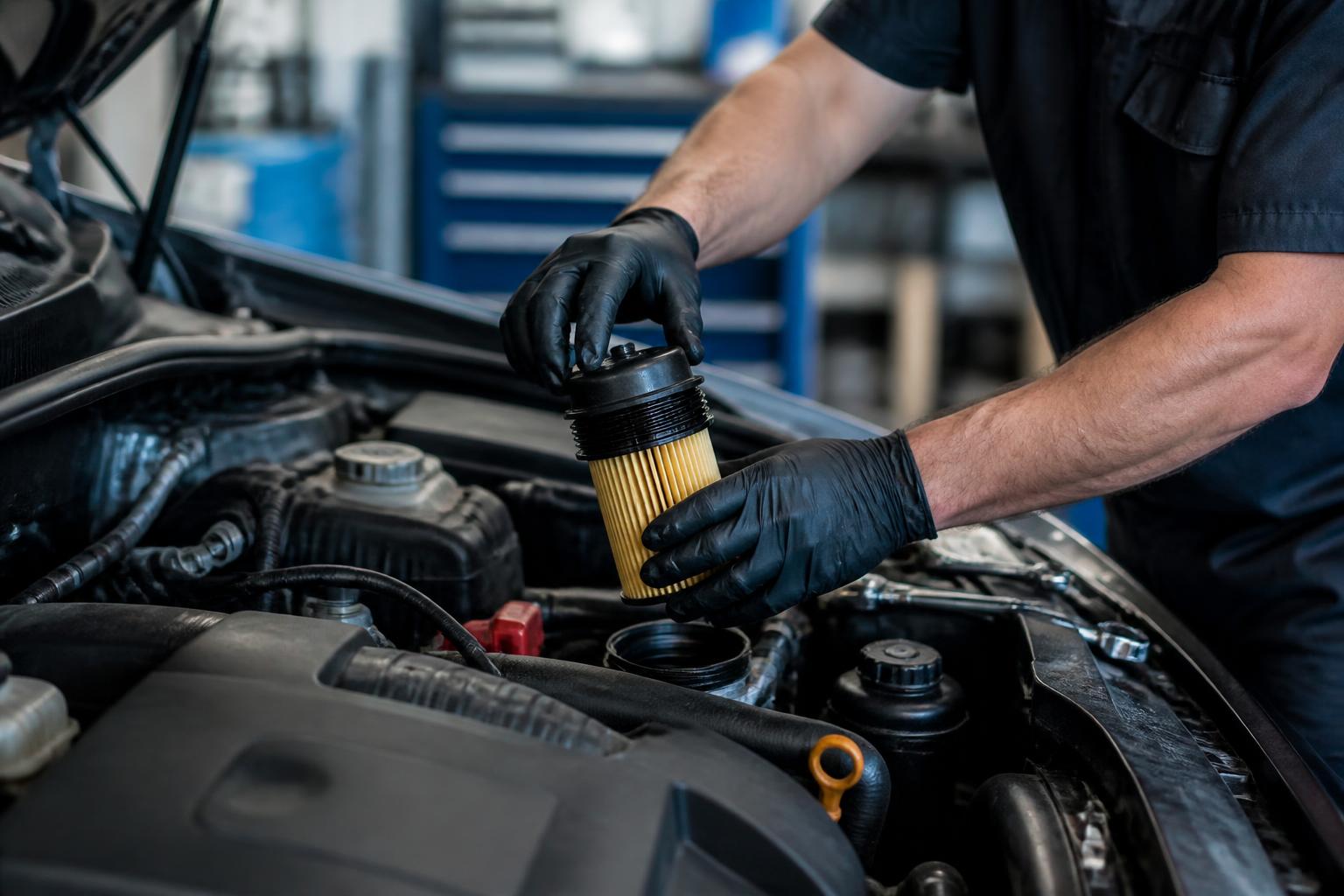 Oil and filter change during a car service at Hisseys Garage, Stoke-on-Trent