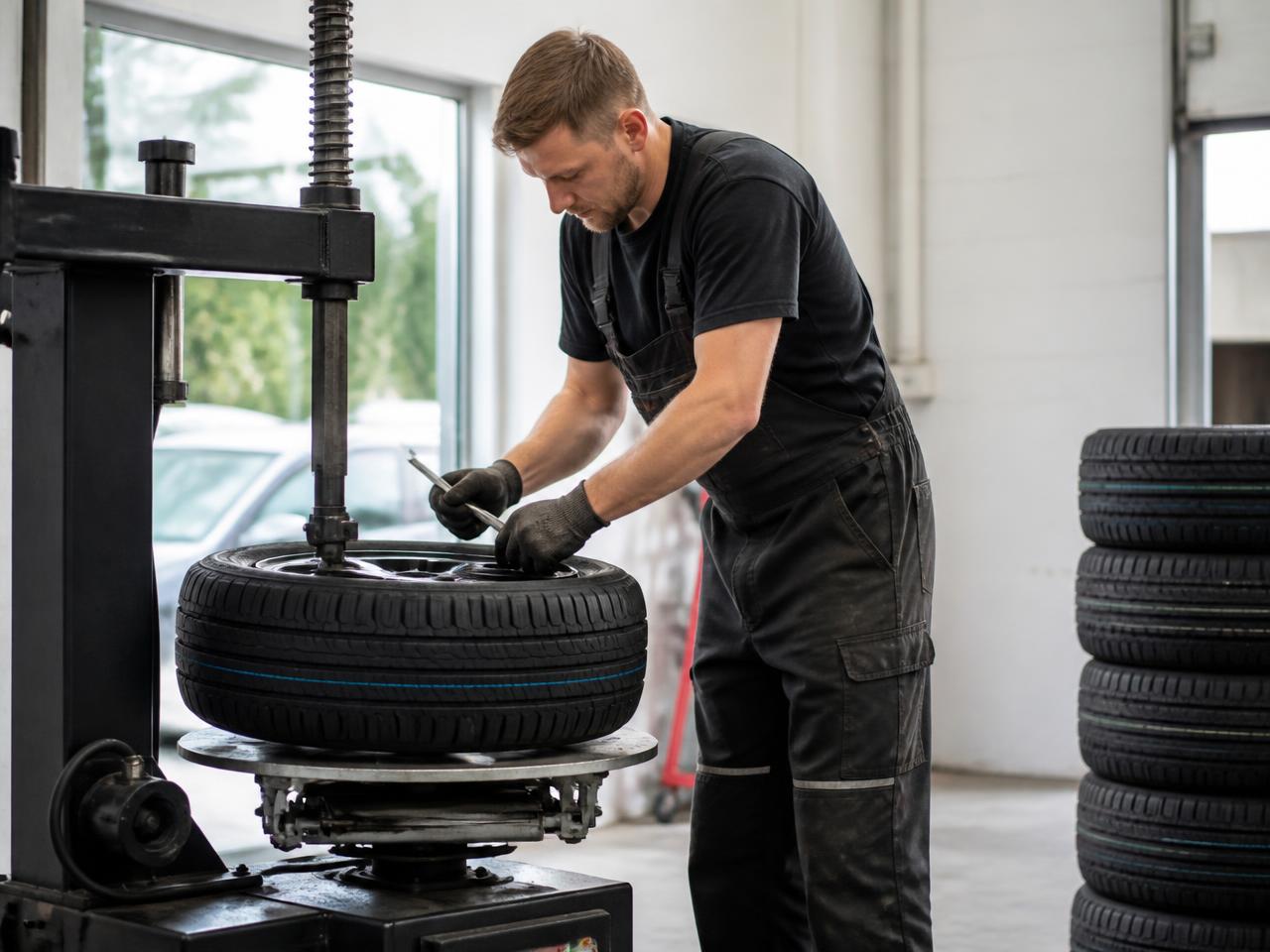 Mechanic fitting a new tyre in a UK garage
